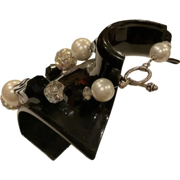 Chunky Beaded Necklace With Black & White Zebra Pattern & Rhinestones - Picture 5 of 5